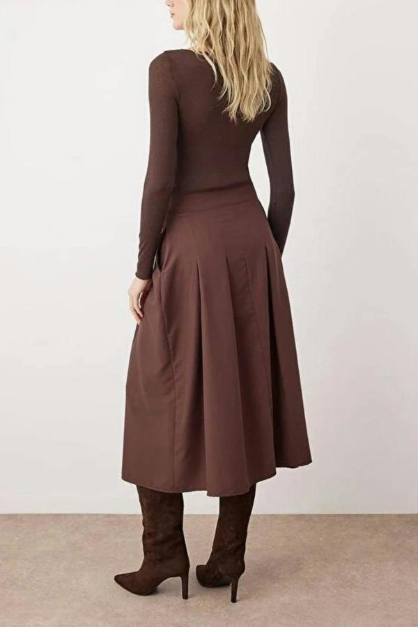 WOVCOR Midi Woven Skirt with Pleat and Buttons Detail