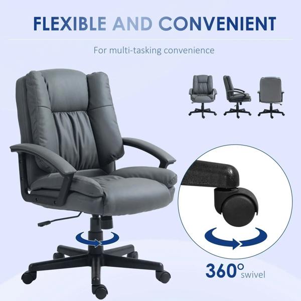 Dark grey mid-back office chair with 360 swivel base and smooth-rolling casters
