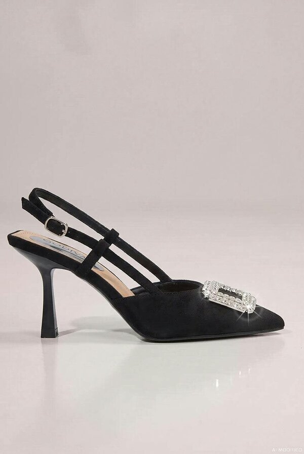 Goddiva Diamante Buckle Embellished Pointed Toe Sling Back High Heel - Black by Goddiva