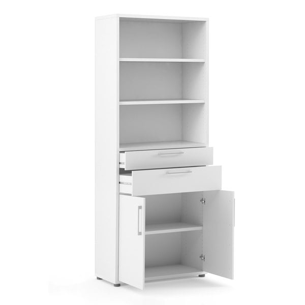 Furniture To Go Prima Bookcase 3 Shelves with 2 Drawers 2 Doors In White
