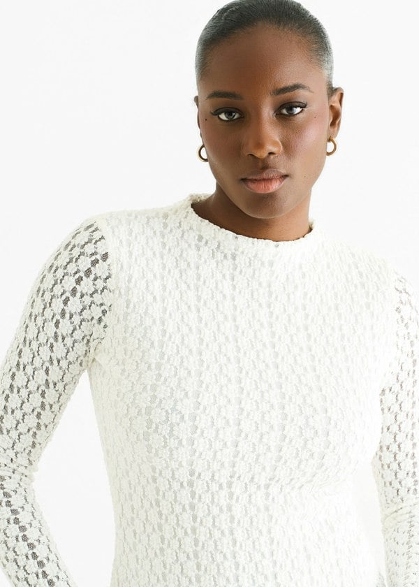 Gini London White High Neck Jersey Lace Long Sleeves Top