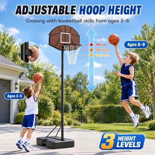 AIYAPLAY Kids Basketball Hoop and Stand, 3 Adjustable Heights, for Ages 3–8