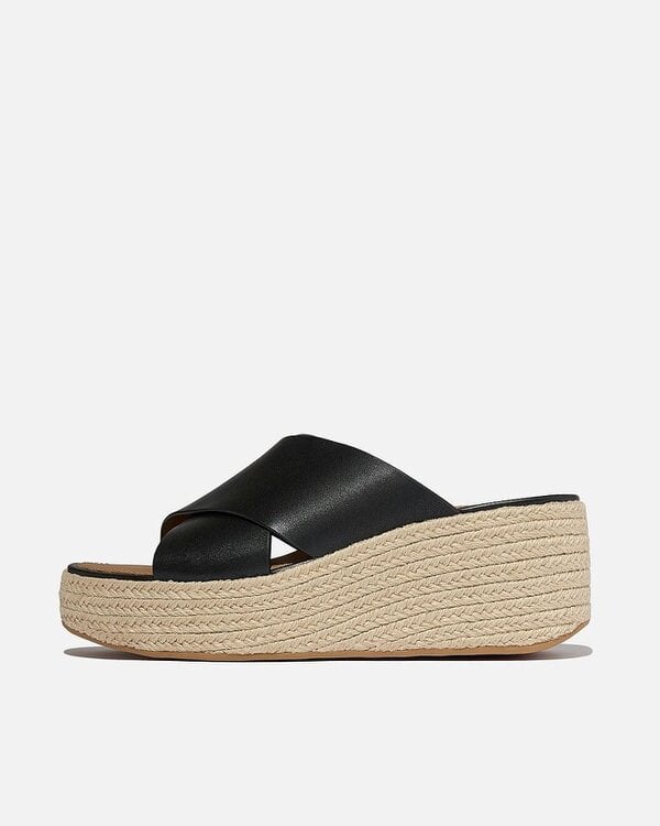 FitFlop Womens PLATFFORMS Espadrille Leather Wedge Cross Slides - Black 001