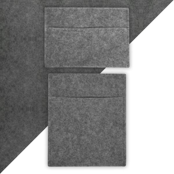 Smoke grey storage pouches made of soft felt, featuring a sleek design with two pockets for organized storage solutions