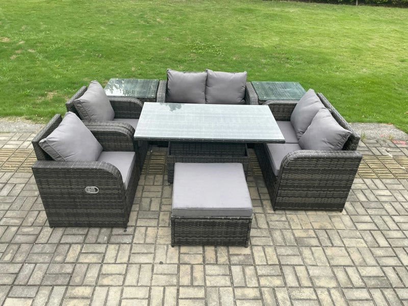Fimous Wicker PE Rattan Furniture Garden Dining Set Outdoor Height Adjustable Rising lifting Table Love Sofa Chair With 2 Side Tables Stools