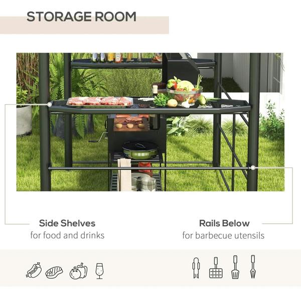 Grill gazebo with side shelves and lower rails for utensils, dark grey frame
