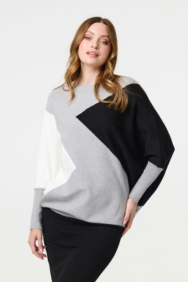 Grey | Colour Block Oversized Batwing Jumper
