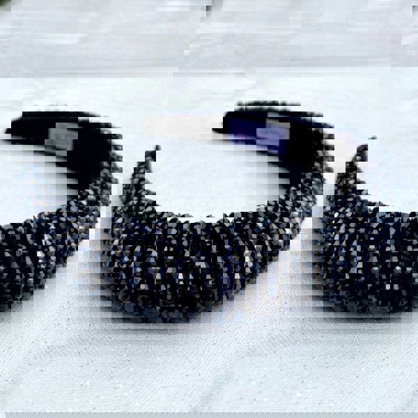 Navy sparkly headband, fully beaded design, faceted crystal beads, shimmering finish, padded band, elegant statement hair accessory, glamorous evening headband
