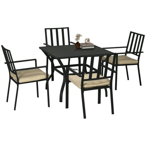 Wyld Haus Nonilu Metal Black and Cream 4 Seater Garden Dining Set With Cushions Stackable Chairs and Parasol Hole