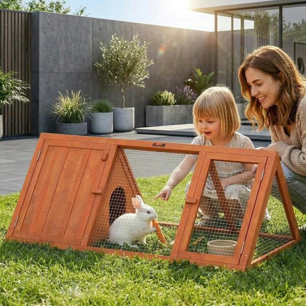 Rabbit Hutch, Wooden Guinea Pig Hutch with Run and Doors, Outdoor Triangle Bunny House for Rabbits,Duck and Chicken - Orange