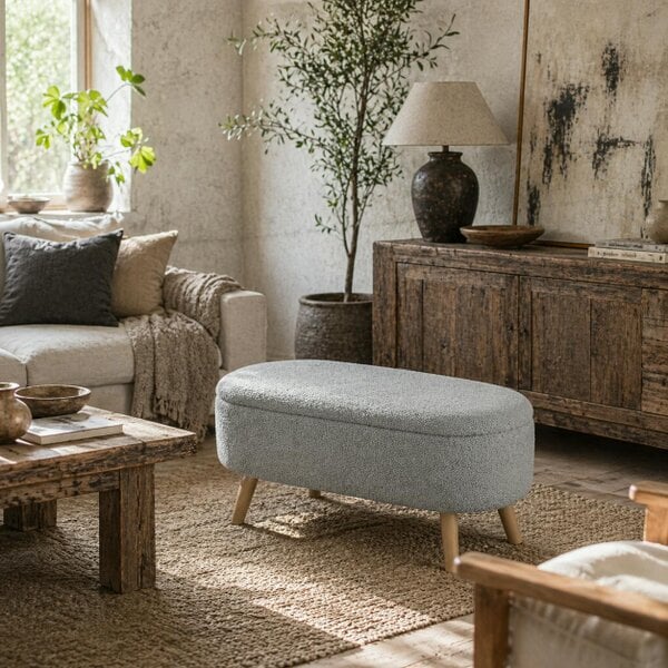 Wyld Haus Mael Boucle Light Grey Storage Ottoman Teddy Fleece Natural Wooden Legs