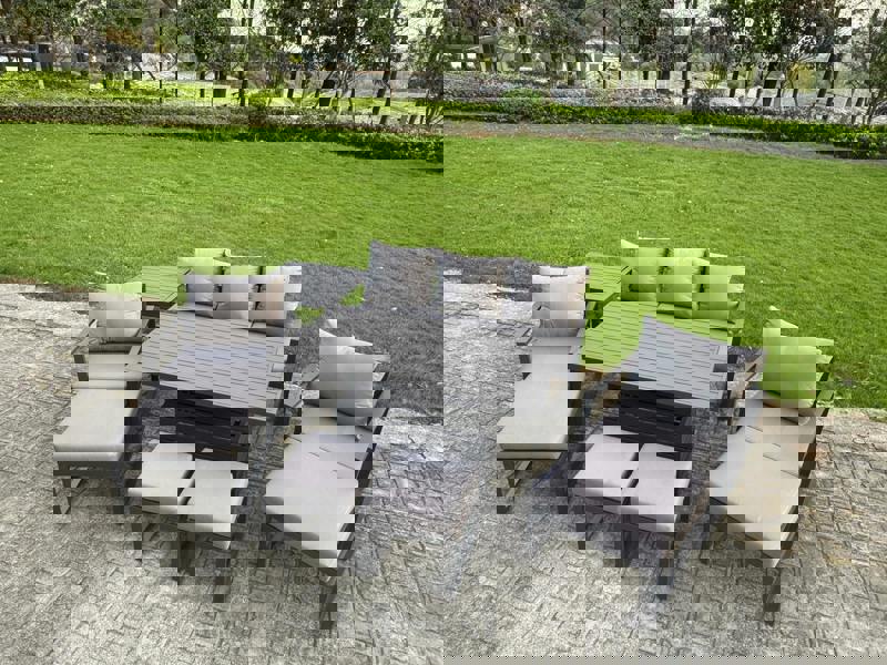 Fimous 9 Seater Aluminium Garden Furniture Set with Adjustable Rising Dining Table, 2 Chairs, 4 Footstools, Side Table - Grey