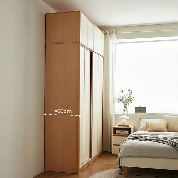 Soriano Sliding Door Wardrobe, Wood in a lifestyle setting with oak kitchen cabinets