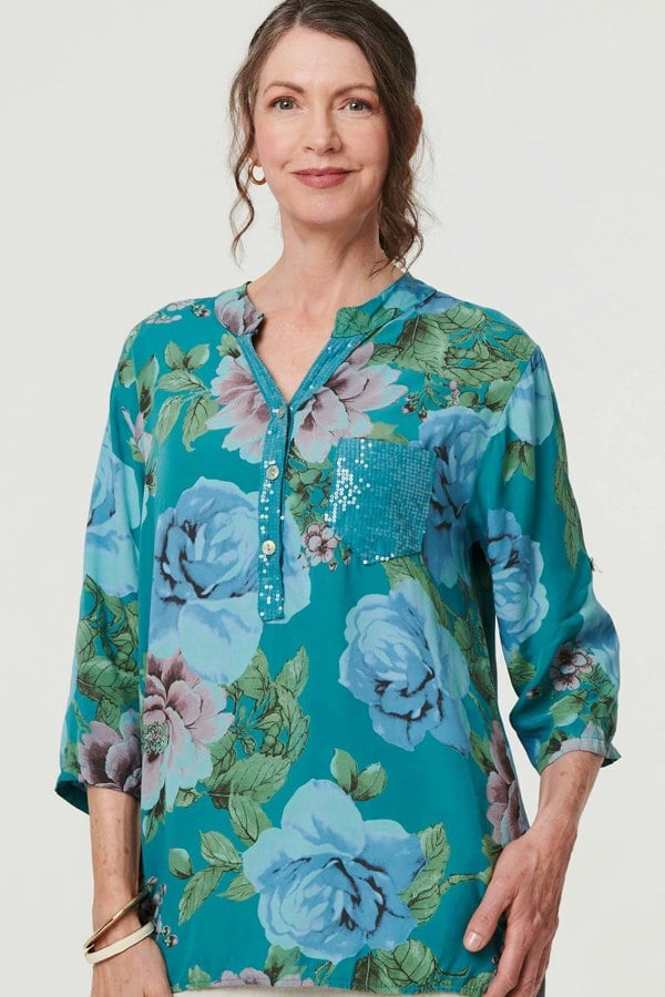 Teal | Floral Sequin Embellished Relaxed Blouse
