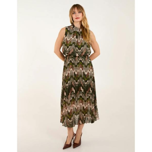 Blue Vanilla Tile Print High Neck Sleeveless Dress