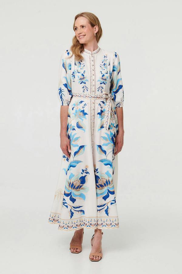White | Floral Tie 3/4 Sleeve Maxi Dress