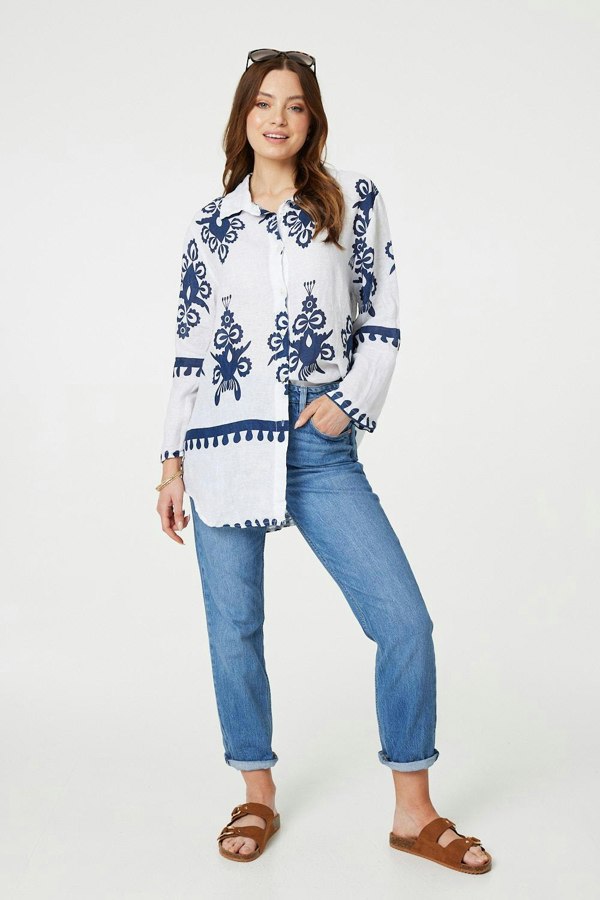 Navy | Printed Oversized Button Down Shirt