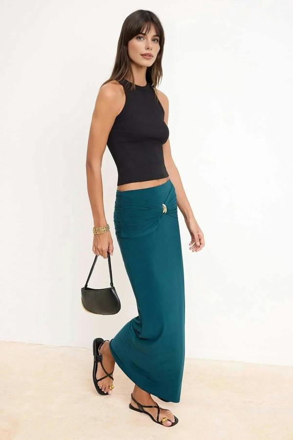 WOVCOR Knitted Maxi Fishtail Skirt with Gold Accessory Details