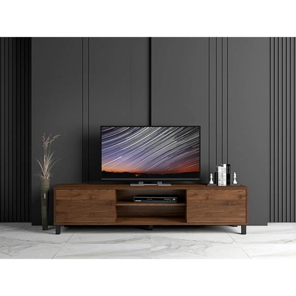 TV cabinet in a modernly decorated living room. It shows the 2 cupboards and internal shelf in use and a TV on top.