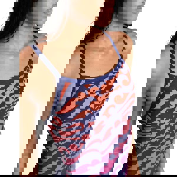 Arena Surfs navy red swimsuit with blue pink wave print