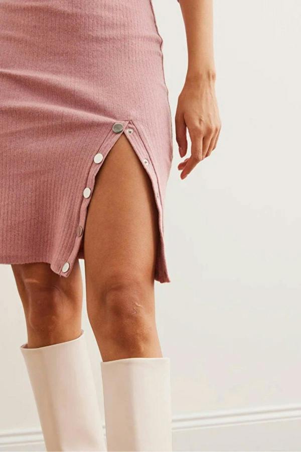 Hoxton Gal Brushed Stretch Dress with Button Details and Slit