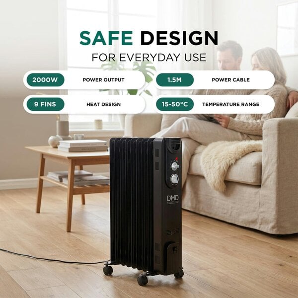 DMD Collective 2000W 9 Fin Oil Filled Radiator with Adjustable Thermostat