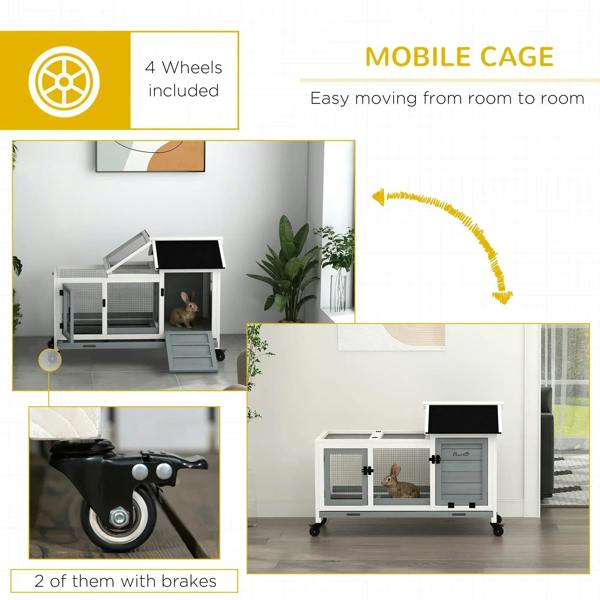 Grey mobile rabbit cage with four wheels, ramp access, and lockable wire doors