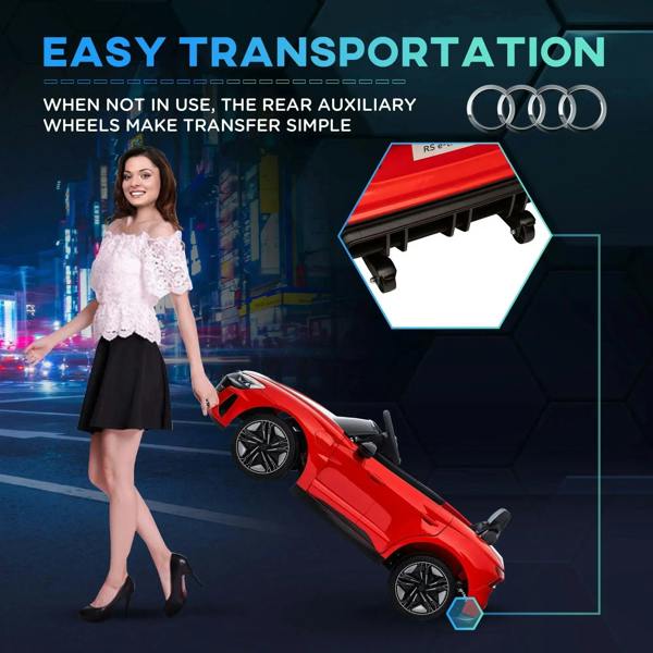 Red kids electric ride-on car with rear auxiliary wheels for easier transfer