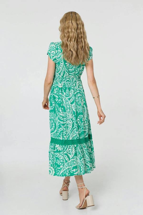 Green | Printed Lace Trim Tiered Midi Dress