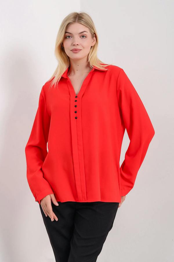 Hoxton Gal Oversized Long Sleeves Blouse Shirt with Button Details in Red