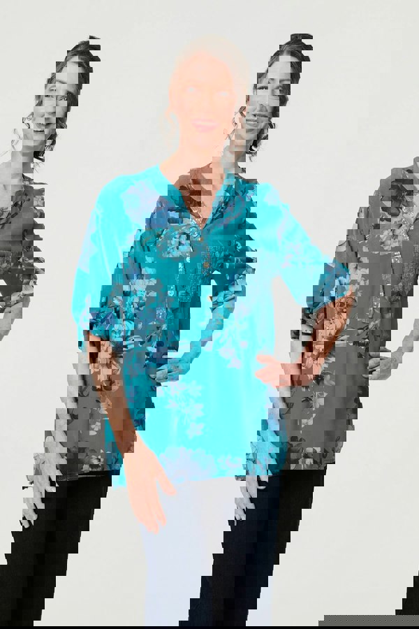 Blue | Floral Sequin Detail 3/4 Sleeve Blouse
