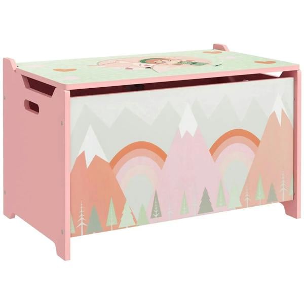 Pink kids toy storage chest with hinged lid and rainbow forest graphic front