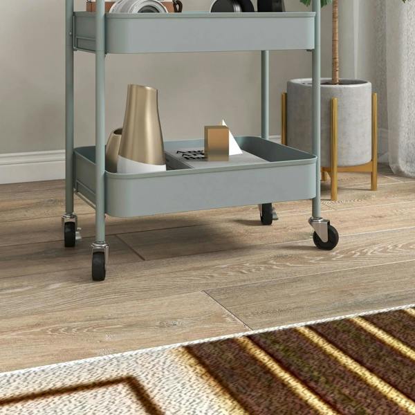 Light blue three-tier steel storage trolley base with caster wheels and stored items