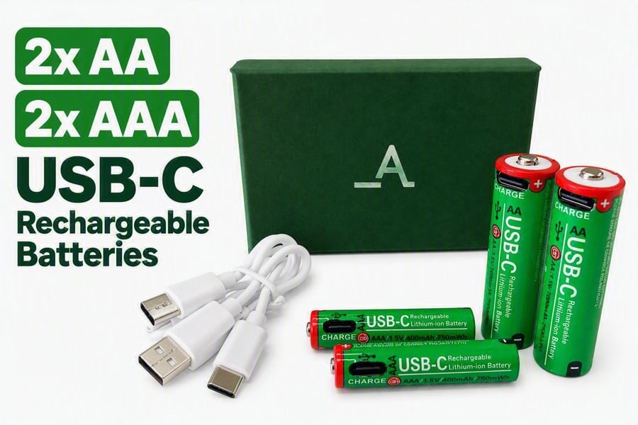 Accuratus Power-Up Rechargeable AA Batteries x2 AAA Batteries x2 - USB-C - Lithium-ion Battery Set
