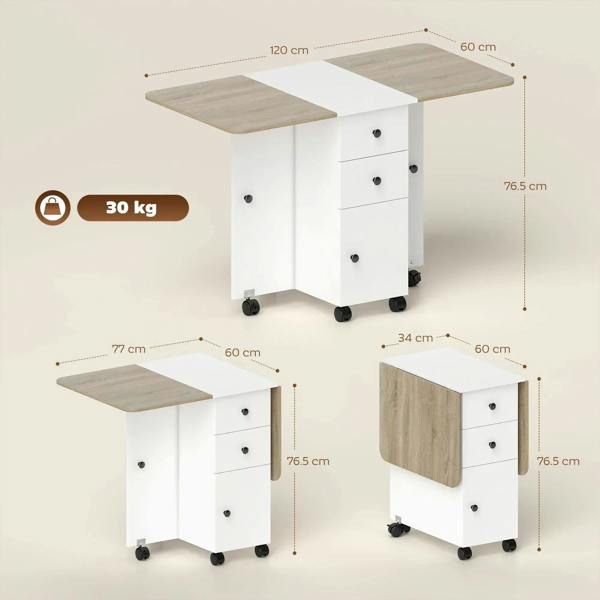 White and oak multi-storage drop-leaf dining table cart with fold-out side sections