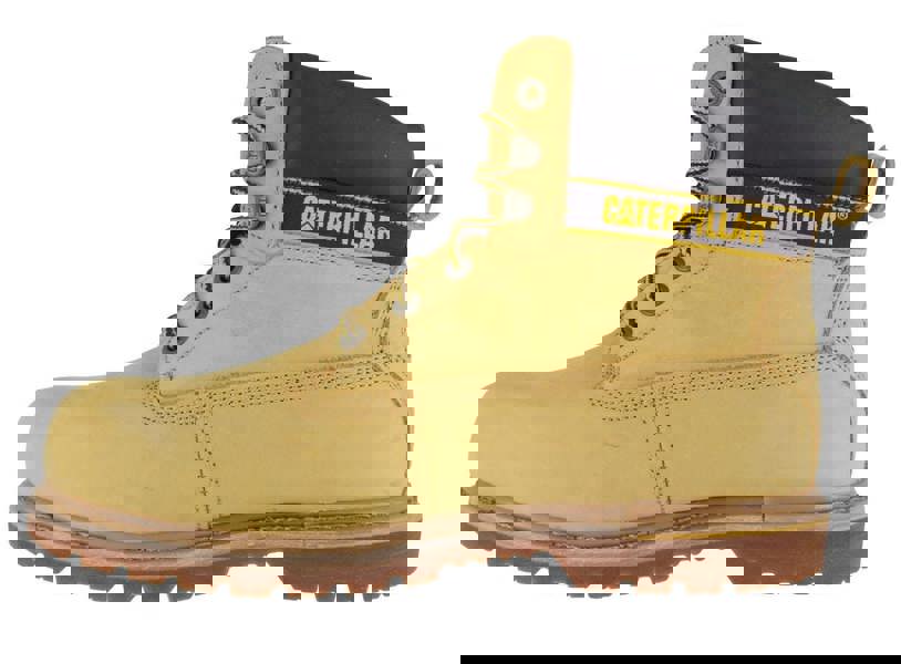 Caterpillar Holton Mens SB Safety Steel Toe Cap Lace Up Work Boots, yellow leather construction safety boots with black padded collar and steel toe cap.
