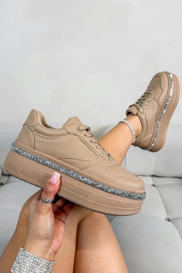 Crystal Diamante Trim Platform Trainers Mocha designed with smooth faux leather upper for a clean, premium look