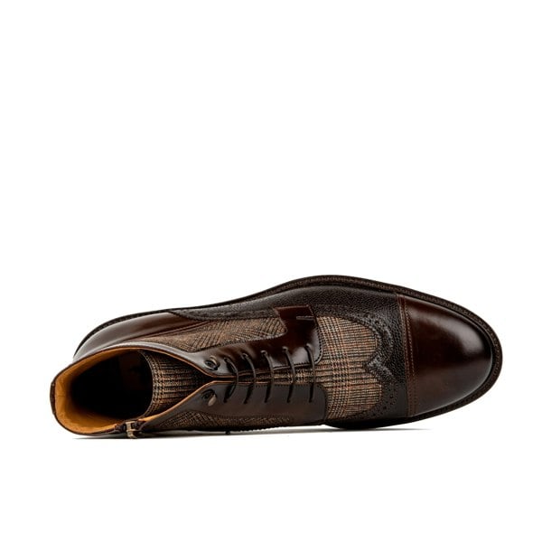Embassy London Charles - Brown Check - Men's toe cap dressy leather boot in leather and textile