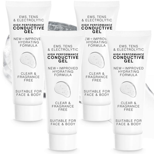 Four white tubes of Rio EMS, TENS, Electrolytic and Micro-Current Toning Conductive Gel (4 x 85ml), featuring a hydrating, clear, fragrance-free formula—ideal for face and body with any micro-current or EMS toning system.