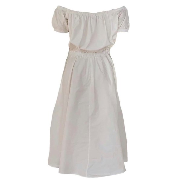 This is a Bardot style dress in cream silhouetted against a white background. the neckline is gathered and the sleeves are a small puff style. The top gathers in to the waist elastic and the skirt is full with side pockets. The dress is a midi length.