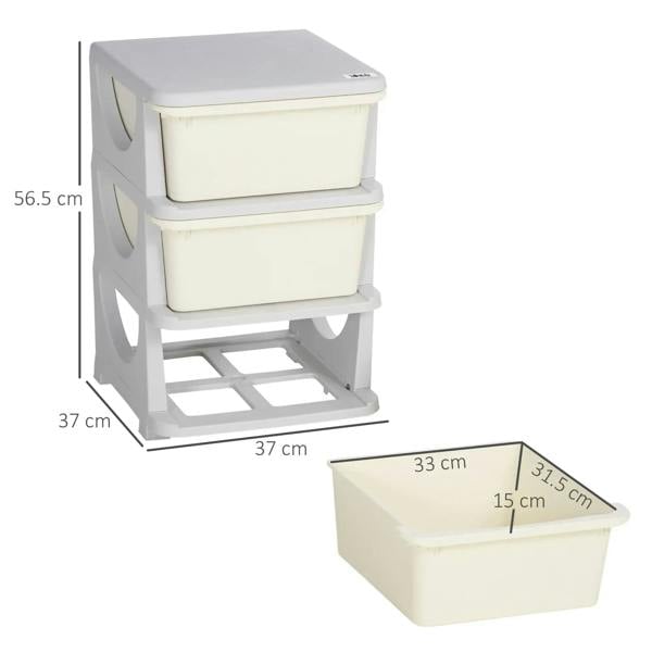 Kids three-drawer storage cabinet with cream bins; shown with size measurements