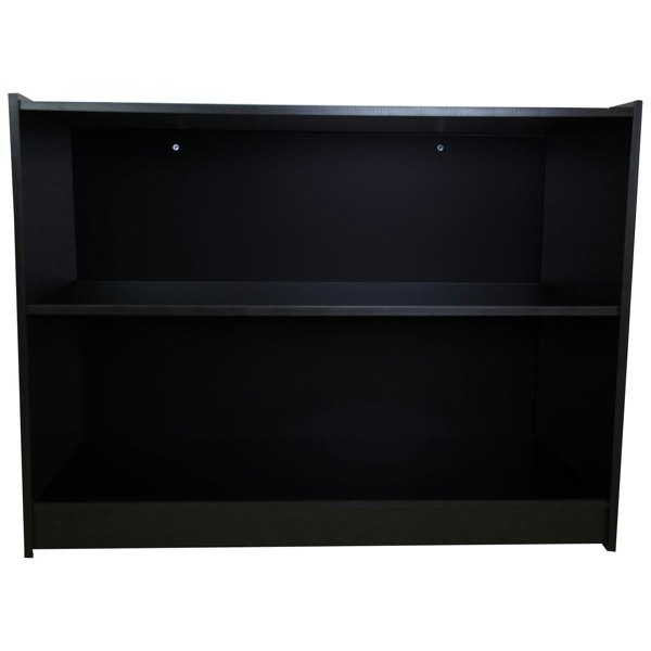 Sleek black A1200 retail shop counter with two spacious shelves, perfect for displaying products in a modern retail environment
