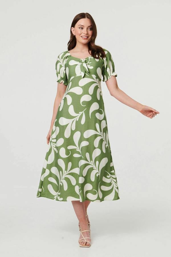 Green | Abstract Puff Sleeve Tie Neck Midi Dress