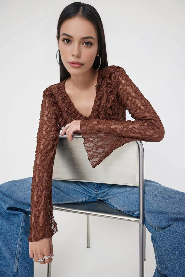 WOVCOR Flare Sleeve Knit Blouse with Ruffle & Lace Detail