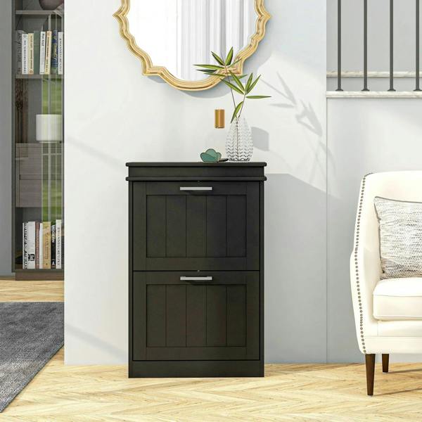 Black two-drawer shoe cabinet with flat top, front doors, and metal pull handles