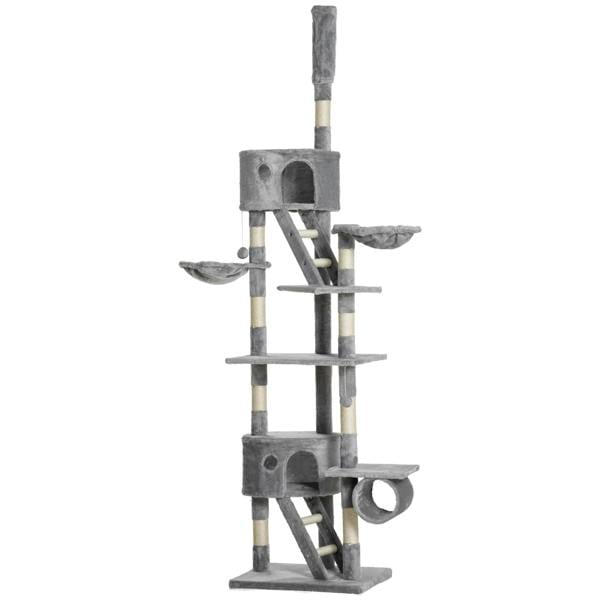 Light grey floor-to-ceiling cat tree tower with platforms, ramp steps, and hanging-style perch