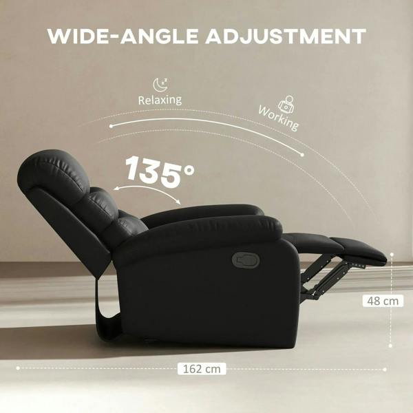 Black manual reclining chair reclined with wide-angle adjustment range