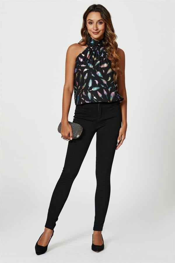 FS Collection Rainbow Leaf Foil Star Halter Neck Tie Back Top In Black