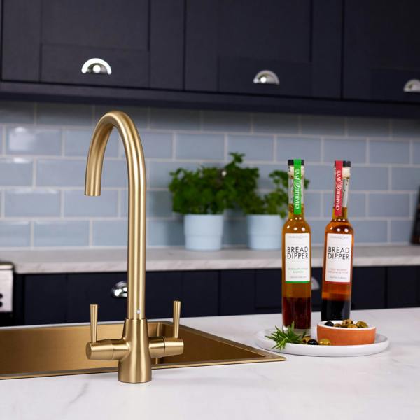 Flode Harstad | Dual Lever Kitchen Sink Mixer Tap with Swivel Spout | Brushed Brass Finish