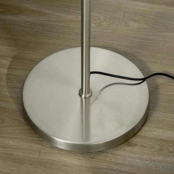 Silver metal base with vertical pole and white globe shades, 3-light floor lamp